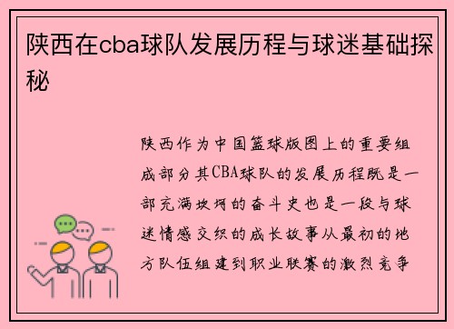 陕西在cba球队发展历程与球迷基础探秘